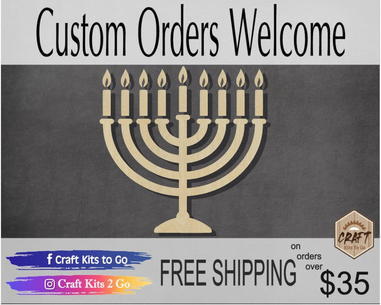 Hanukkah Menorah wood cutout wood blank Jewish DIY Paint kit #2310 - Multiple Sizes Available - Unfinished Wood Cutout Shapes
