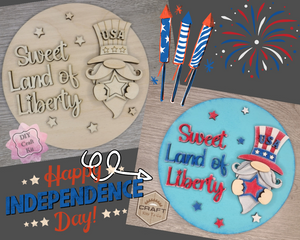 Sweet Land of Liberty Gnome 4th of July Craft Kit Paint Party Kit 4th of July #2644 - Multiple Sizes Available - Unfinished Wood Cutout Shapes