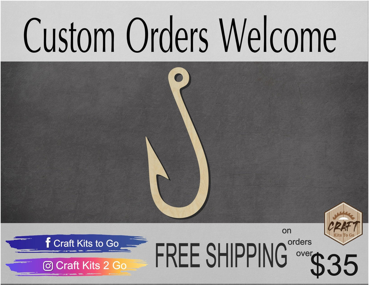 Fish Hook Fishing Father's Day idea DIY Paint kit #1471 - Multiple Sizes Available - Unfinished Wood Cutout Shapes