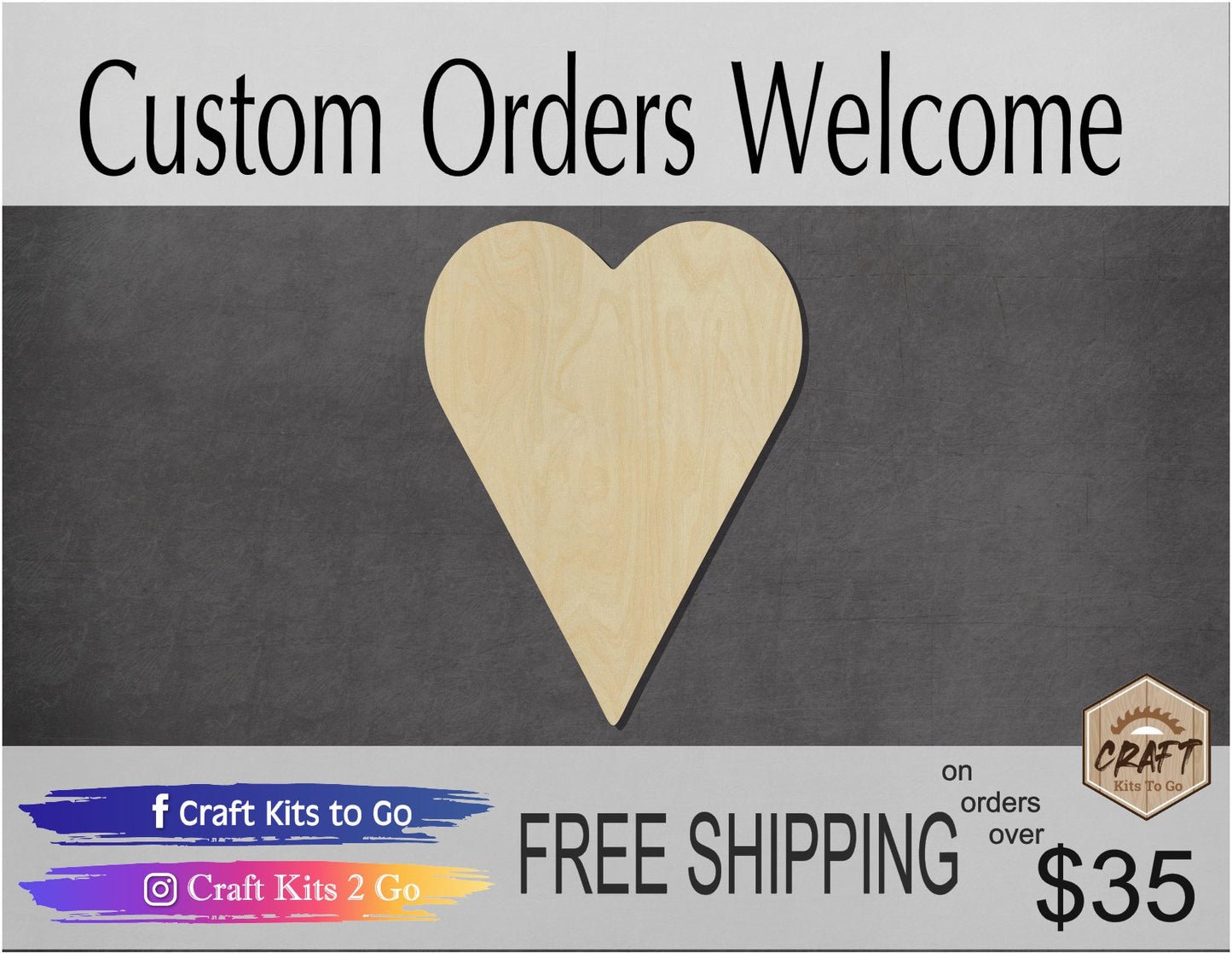 Long Heart wood cutouts wood shapes Valentine's Craft DIY Paint kit #1704 - Multiple Sizes Available - Unfinished Wood Cutout Shapes