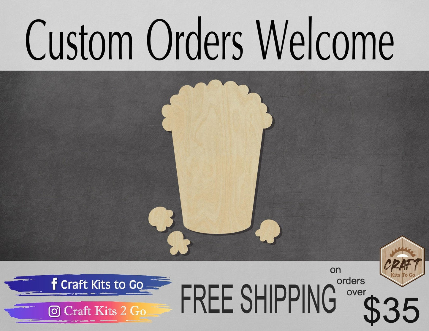 Popcorn wood shape wood cutouts Movies Movie night DIY Paint kit #1876 - Multiple Sizes Available - Unfinished Wood Cutout Shapes
