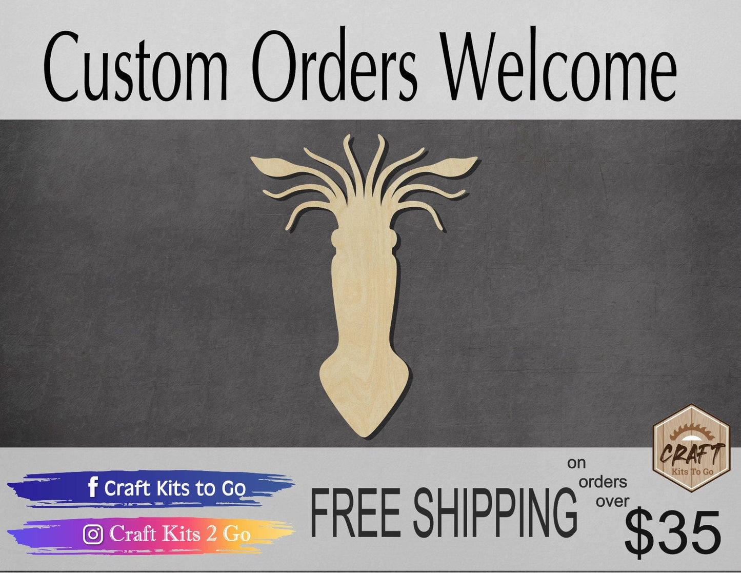 Squid wood shape wood cutouts Ocean animals Sea life Beach DIY paint kit #2050 - Multiple Sizes Available - Unfinished Wood Cutout Shapes