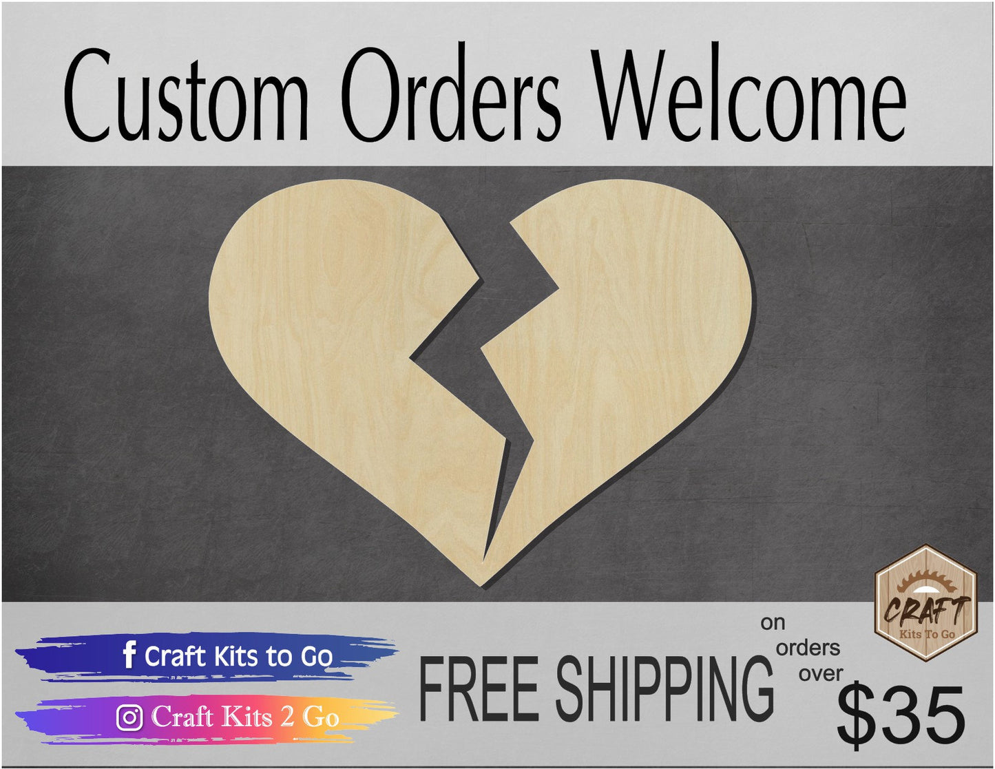 Broken Heart Cutout wood blank Heart broken Valentine Heart Shape #1223 - Multiple Sizes Available - Unfinished Wood Cutout Shapes
