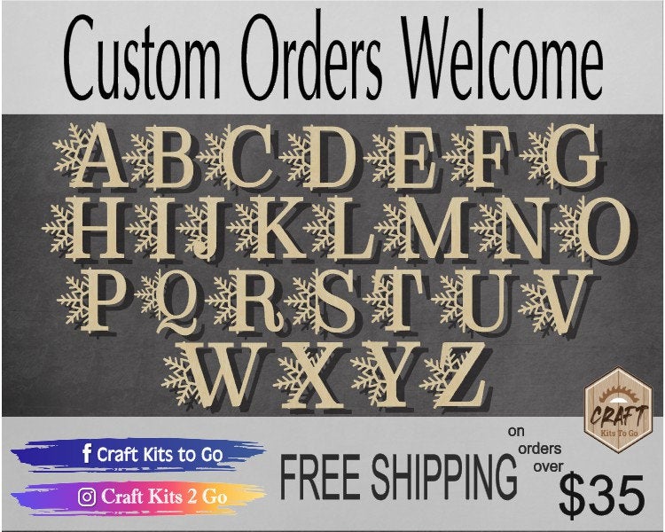 Snowflake Letters Stocking tags Christmas Craft #2515 - Multiple Sizes Available - Unfinished Wood Cutout Shapes