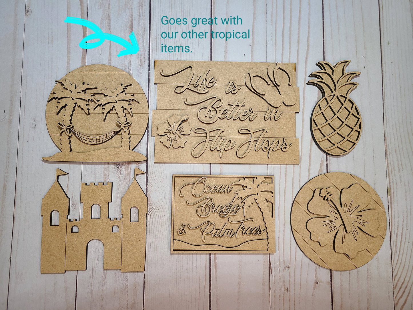 Sand Castle Beach Party Kit Tropical Hawaii #2595 - Multiple Sizes Available - Unfinished Wood Cutout Shapes