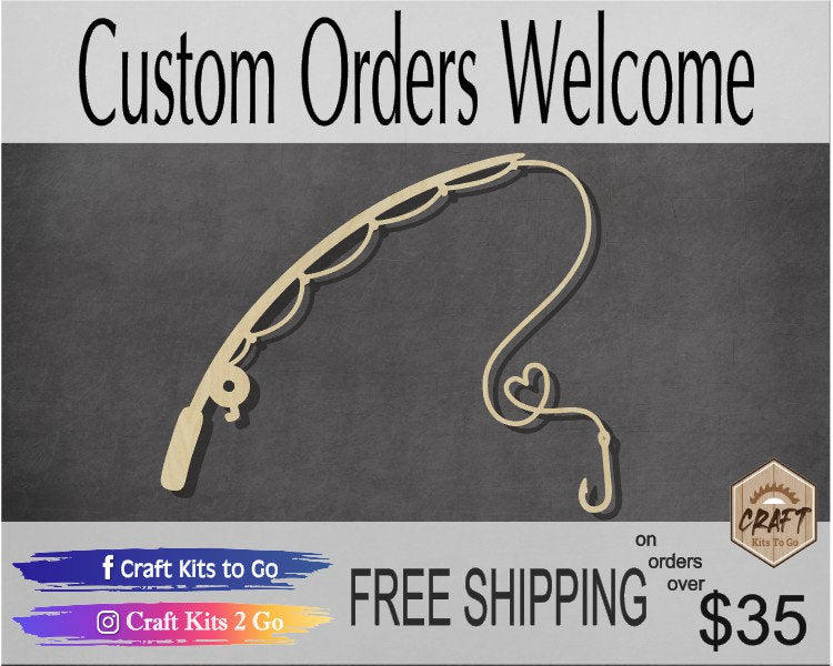Fishing Pole with Love String Cutouts wood shapes DIY paint kit #2826 - Multiple Sizes Available - Unfinished Wood Cutout Shapes