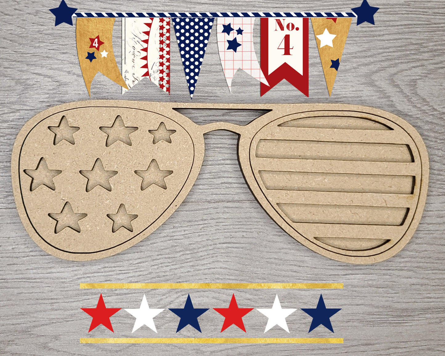 4th of July Sunglasses Patriotic Decor Craft Kit Paint Party Kit #2877 - Multiple Sizes Available - Unfinished Wood Cutout Frames