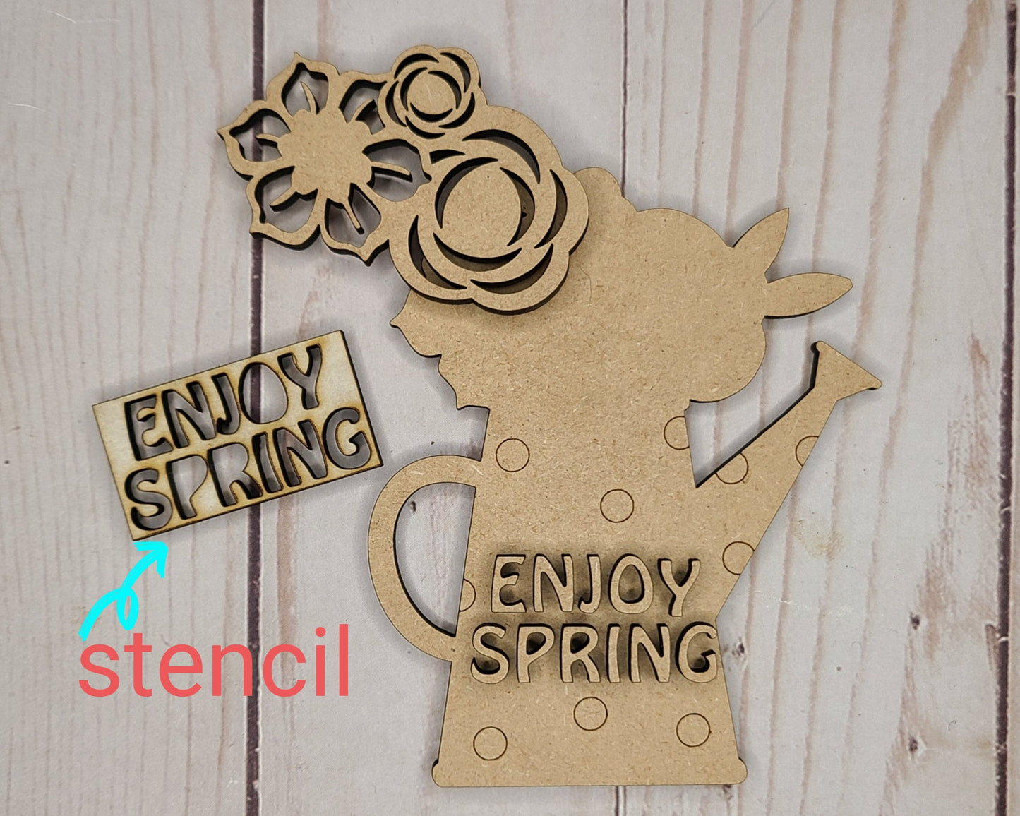 Enjoy Spring Watering Can Paint Kit DIY Craft Kit #2671 - Multiple Sizes Available - Unfinished Wood Cutout Shapes