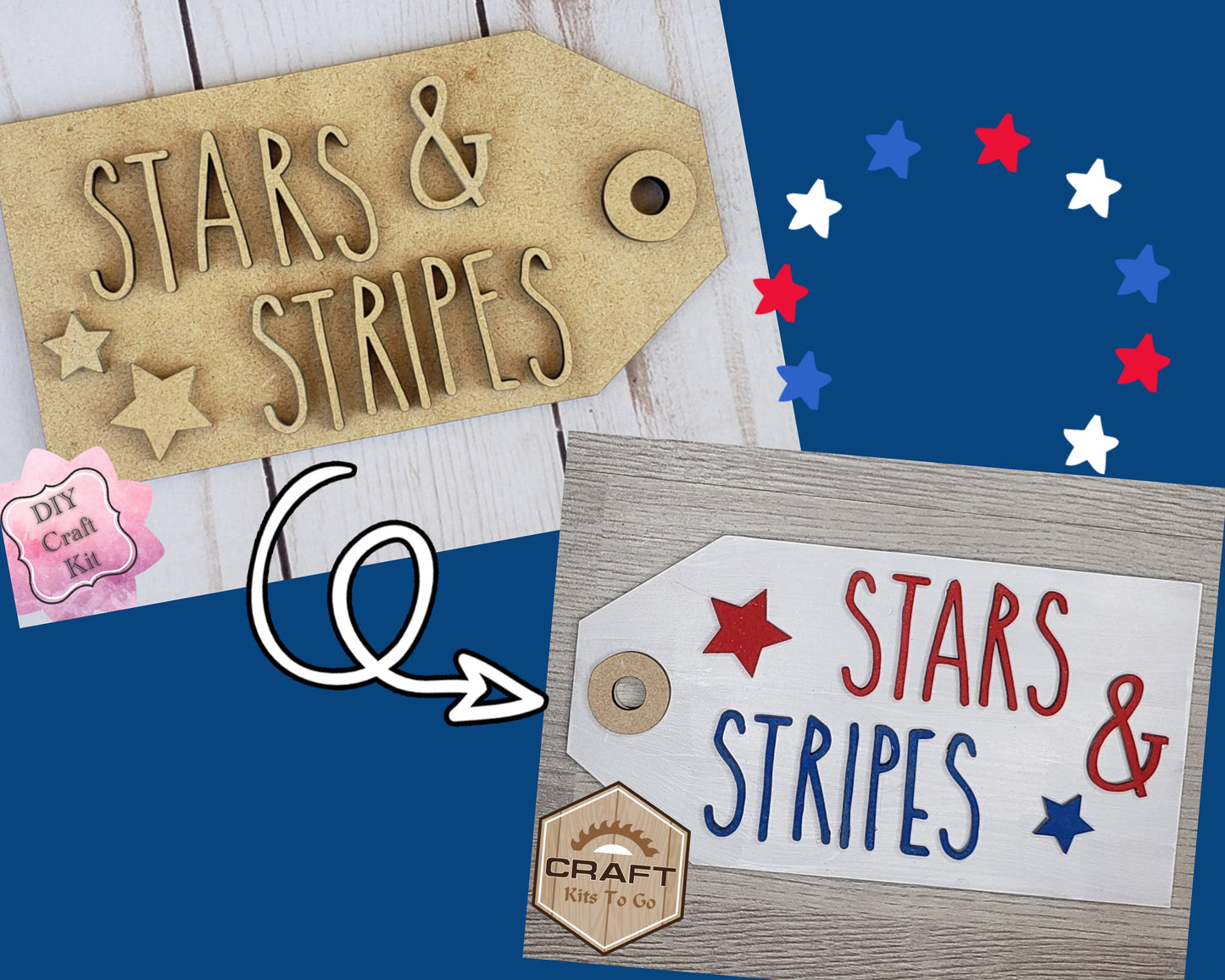 Stars & Strips Craft 4th of July Independence Day DIY Paint kit #2270 - Multiple Sizes Available - Unfinished Wood Cutout Shapes