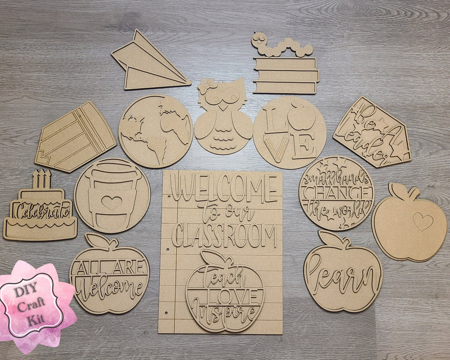 Welcome to our Classroom Interchangeable Paper Sign DIY Paint kit #2983 - Unfinished Wood shape cutouts