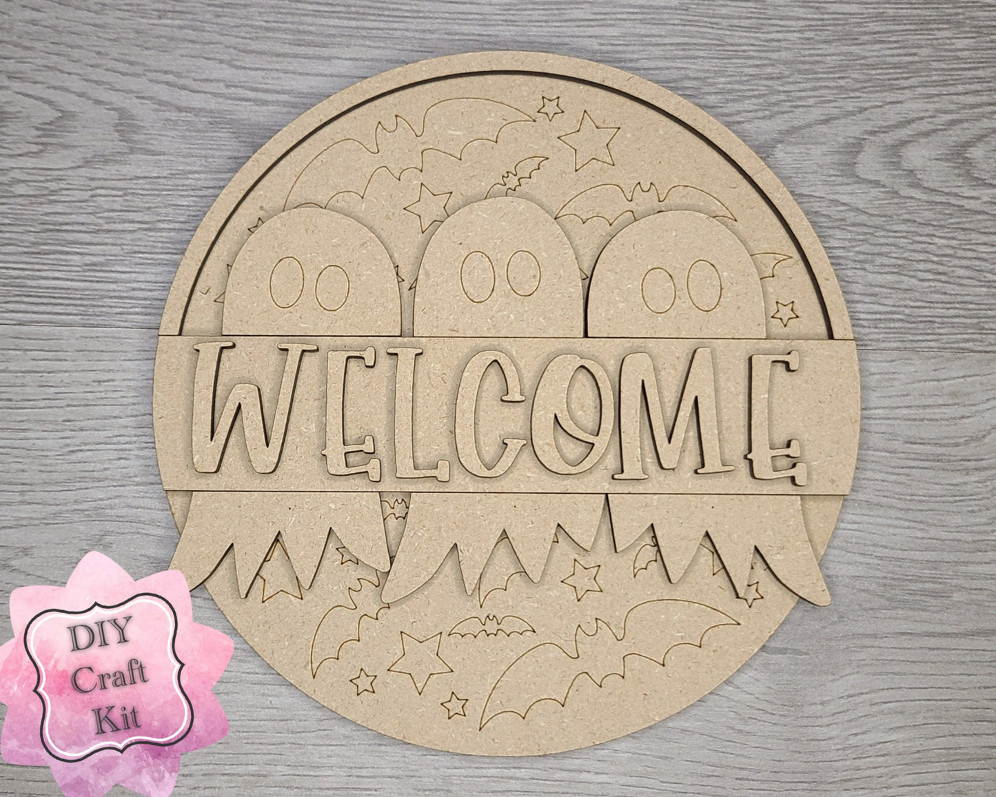 Welcome Ghosts Halloween Decor DIY Paint kit #3096 - Multiple Sizes Available - Unfinished Wood Cutout Shapes