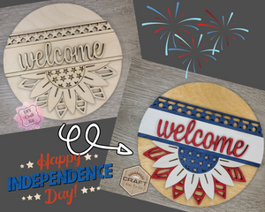 Patriotic Sunflower Welcome Sign Independence Day 4th of July #3727 - Multiple Sizes Available - Unfinished Wood Cutout Shapes