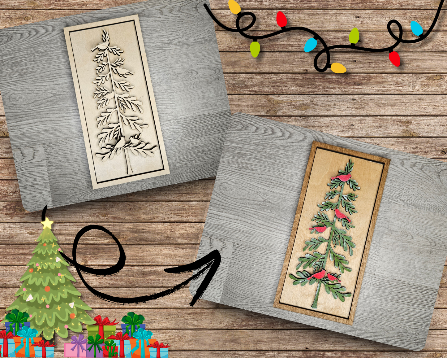 Primitive Christmas Tree with Cardinals | #4498