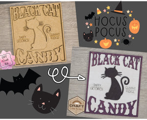 Black Cat Candy Halloween Decor Craft Kit DIY Paint kit #2914 - Multiple Sizes Available - Unfinished Wood Cutout Shapes