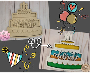Birthday Cake | Celebration | Birthday Party | DIY Craft Kits | Paint Party Supplies | Birthday Decorations | #2571 Multiple Sizes Available - Unfinished Wood Cutout Shapes