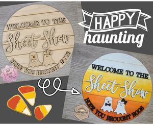 Welcome to the Sheet Show Halloween October 31st Decor DIY Paint kit #3329 - Multiple Sizes Available - Unfinished Wood Cutout Shapes