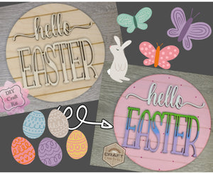 Hello Easter Happy Easter Egg Easter Décor Easter Craft Kit for Adults #3669 - Multiple Sizes Available - Unfinished Wood Cutout Shapes
