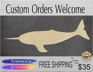 Narwhal wood shape wood cutouts ocean animals sea life beach DIY Paint kit #1773 - Multiple Sizes Available - Unfinished Wood Cutout Shapes