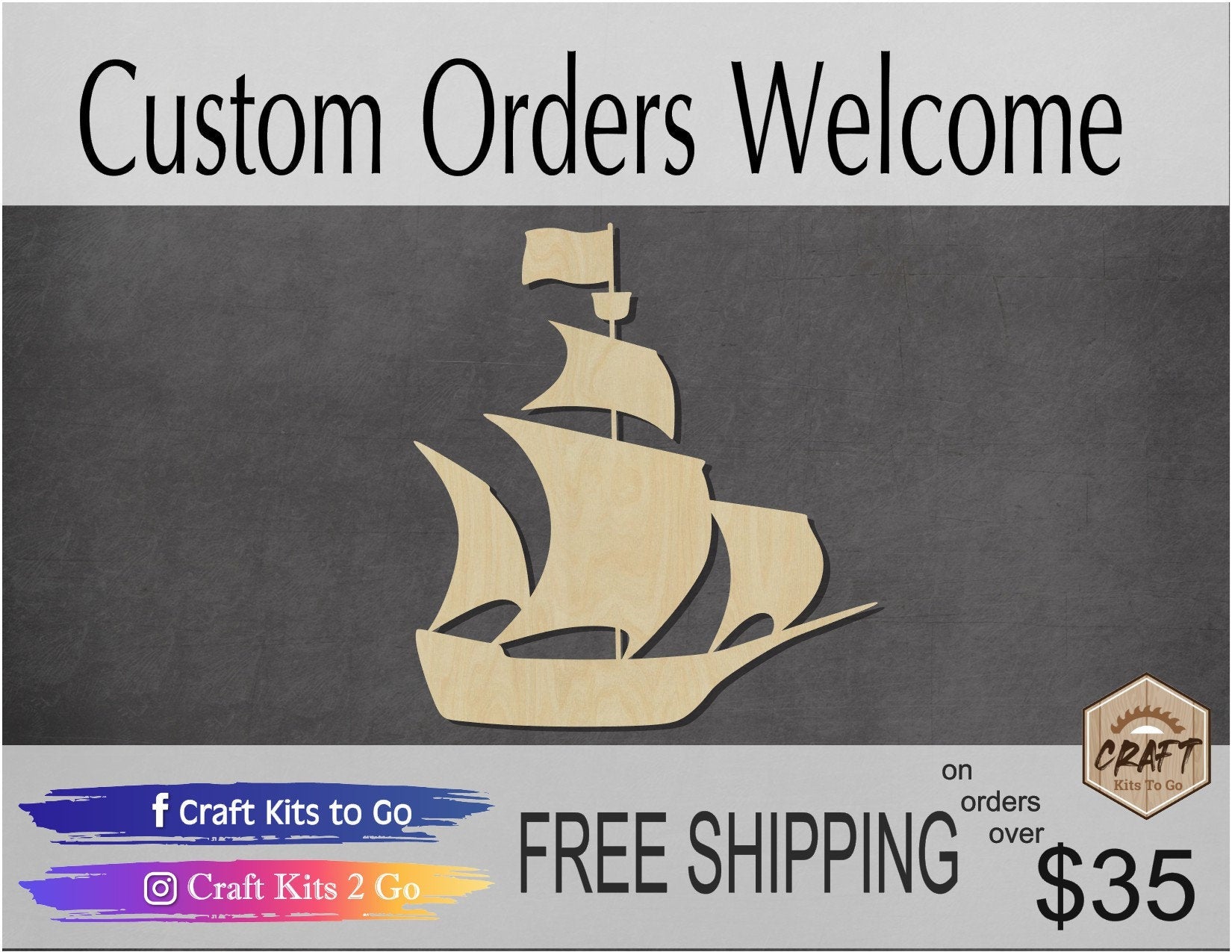 Pirate Ship wood shape wood cutouts DIY Paint kit #1859 - Multiple Sizes Available - Unfinished Wood Cutout Shapes