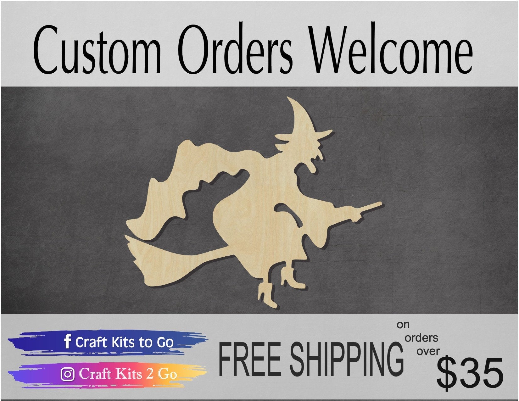 Witch on Broom Wood Cutout #1033 - Multiple Sizes Available - Unfinished Wood Cutout Shapes