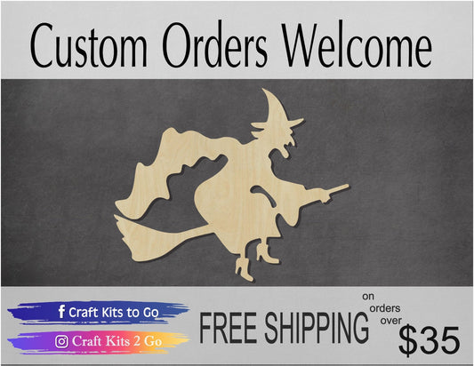 Witch on Broom Wood Cutout #1033 - Multiple Sizes Available - Unfinished Wood Cutout Shapes