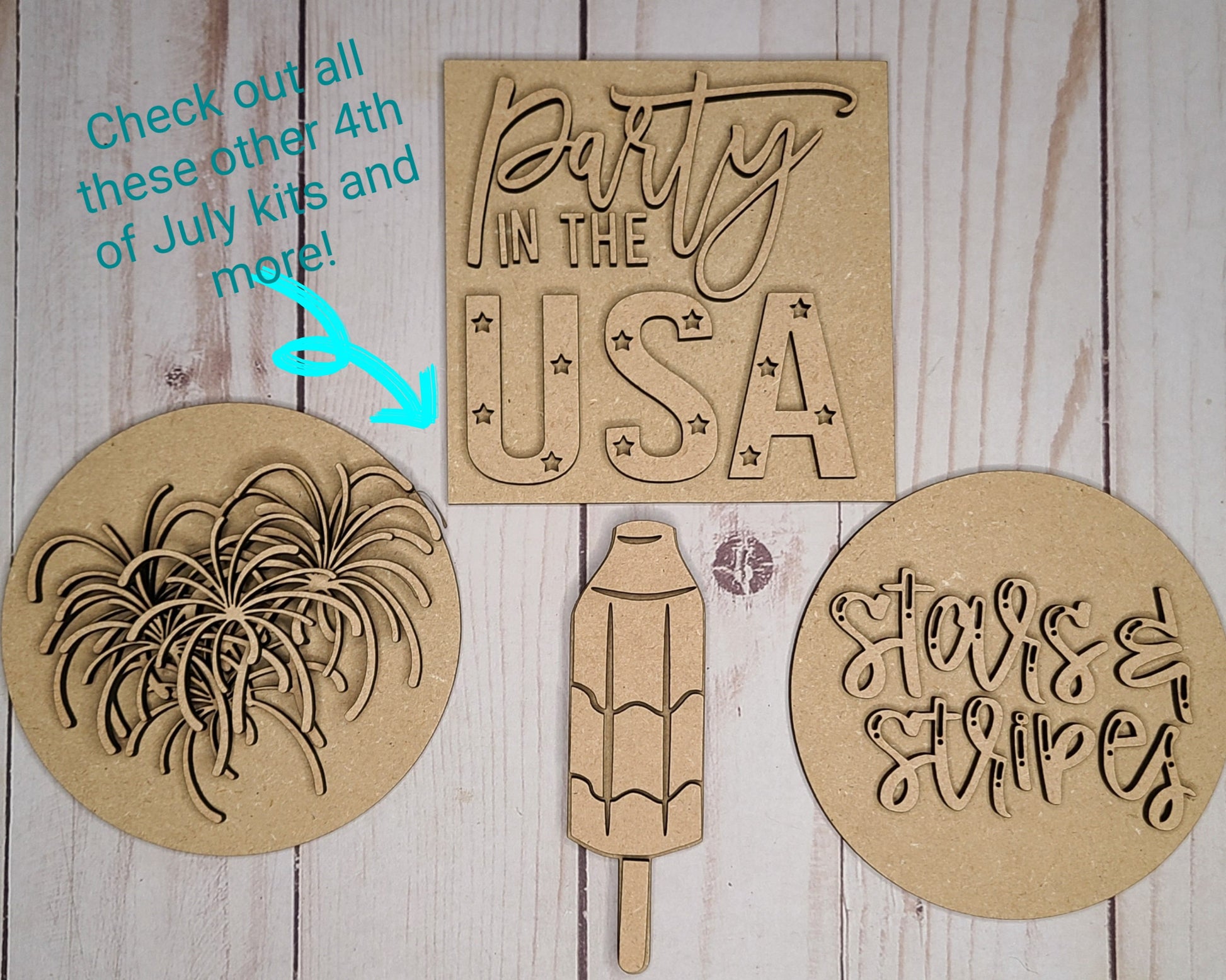 Firework Round 4th of July Patriotic Decor Craft Kit Paint Party Kit #2647 - Multiple Sizes Available - Unfinished Wood Cutout Frames
