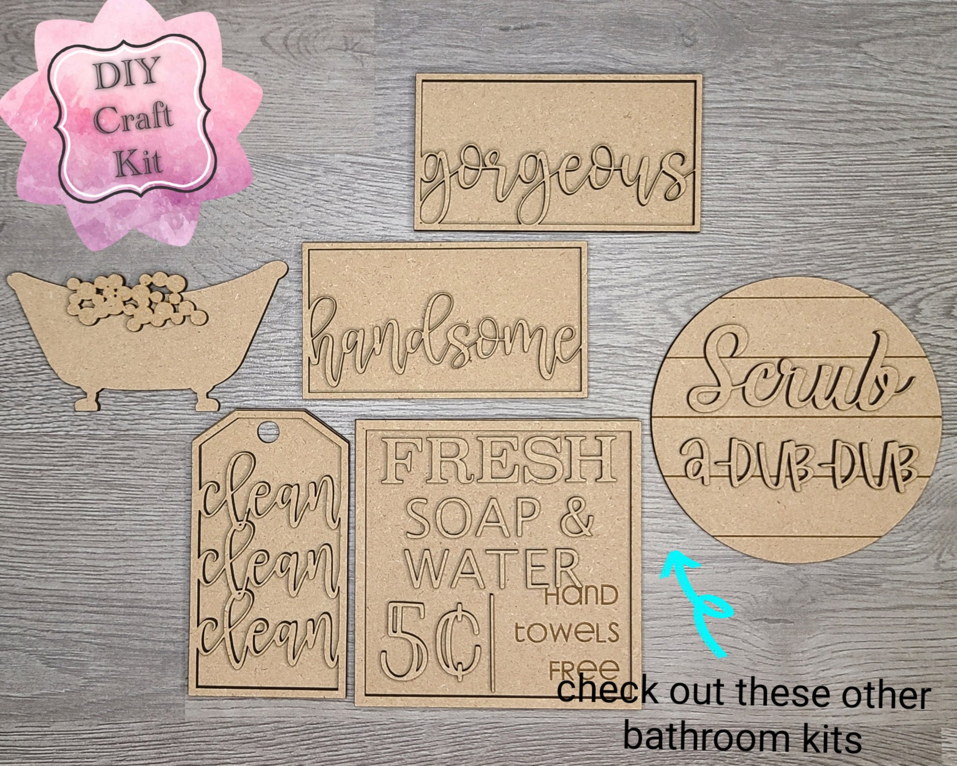 Clean Clean Tag Bathroom Decor Kit DIY Paint kit #3002 - Multiple Sizes Available - Unfinished Wood Cutout Shapes