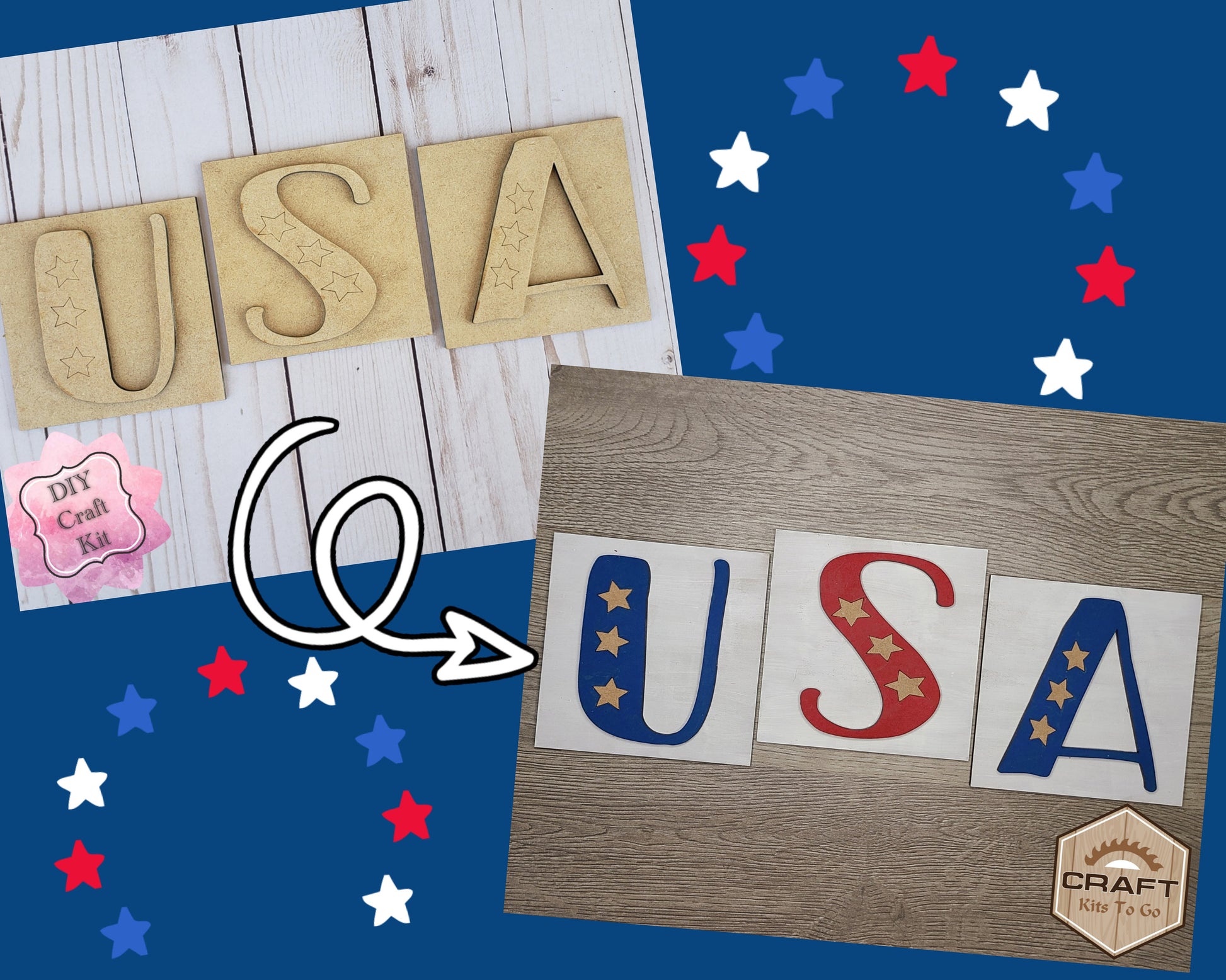 USA Square Kit DIY Paint kit #2264 - Multiple Sizes Available - Unfinished Wood Cutout Shapes