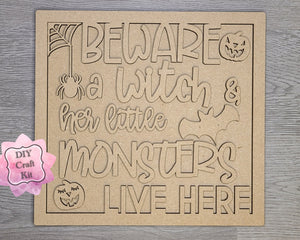 Beware a witch and her monster Halloween Decor DIY Paint kit #3044 - Multiple Sizes Available - Unfinished Wood Cutout Shapes