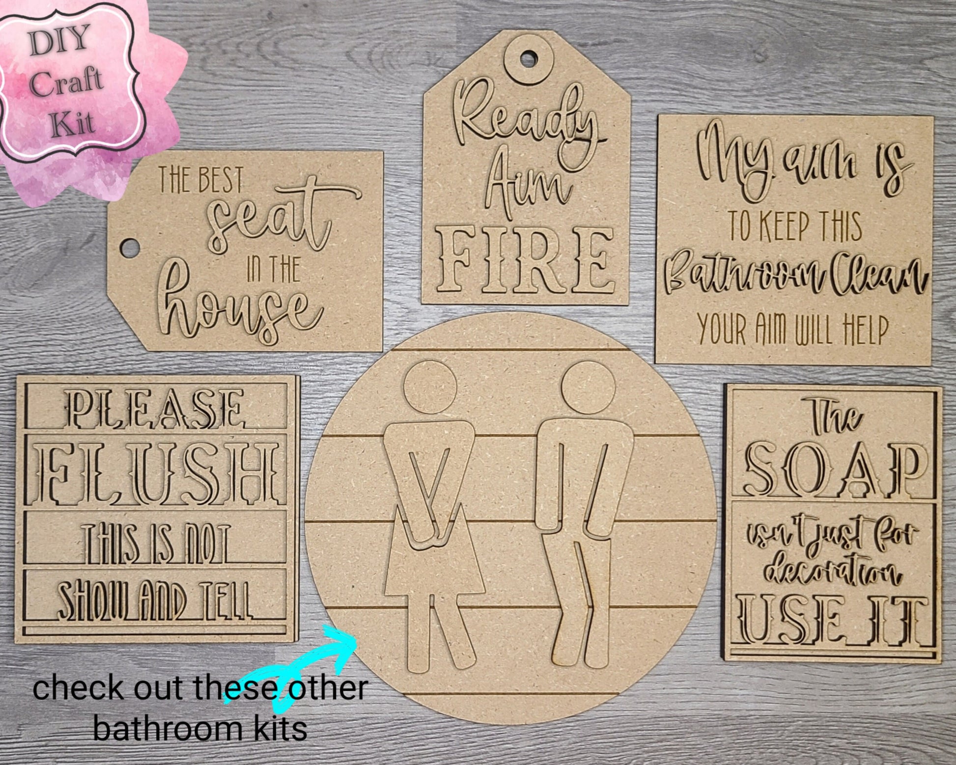 Clean Bathroom Decor Kit DIY Paint kit #2971 - Multiple Sizes Available - Unfinished Wood Cutout Shapes