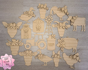 Farm Ornaments Craft Kit Set of 17 Ornaments DIY Paint kit #3172 - Multiple Sizes Available - Unfinished Wood Cutout Shapes